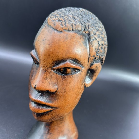 Hand Carved Wooden Male African Head Statue Approx 6" x 3" x 2.5" Decor Accents - Picture 9 of 14
